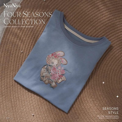 (BFM)NyaNya~Four Seasons Collection~Sweet Lolita T-shirt Summer Loose Fit Embroidered T-shirt S Blue - Rose Bunny 