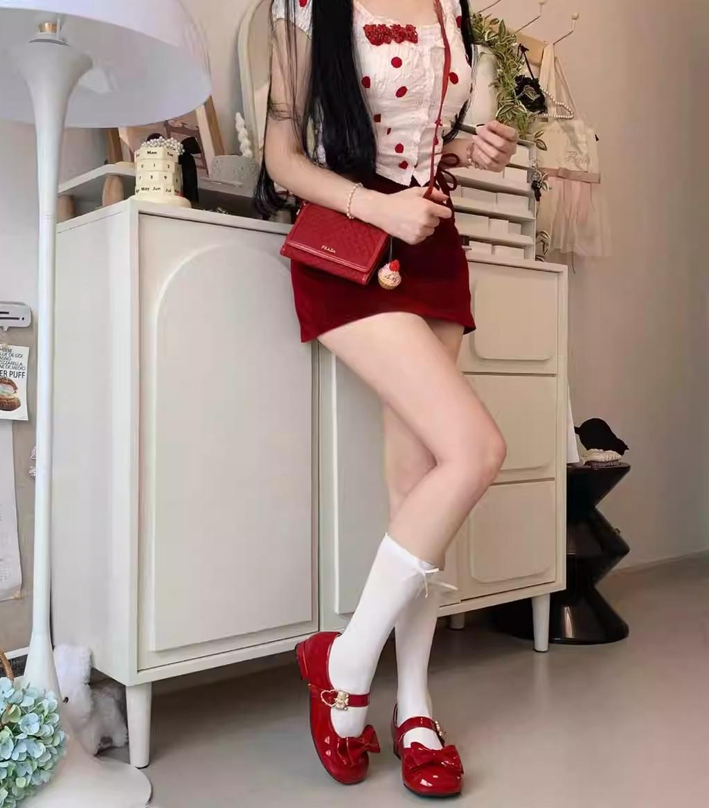 Sheep Puff~Hug Bear~Sweet Lolita Heel Shoes Bear Metal Buckle Bow Shoes 35 Patent Leather Red - Low Heel 