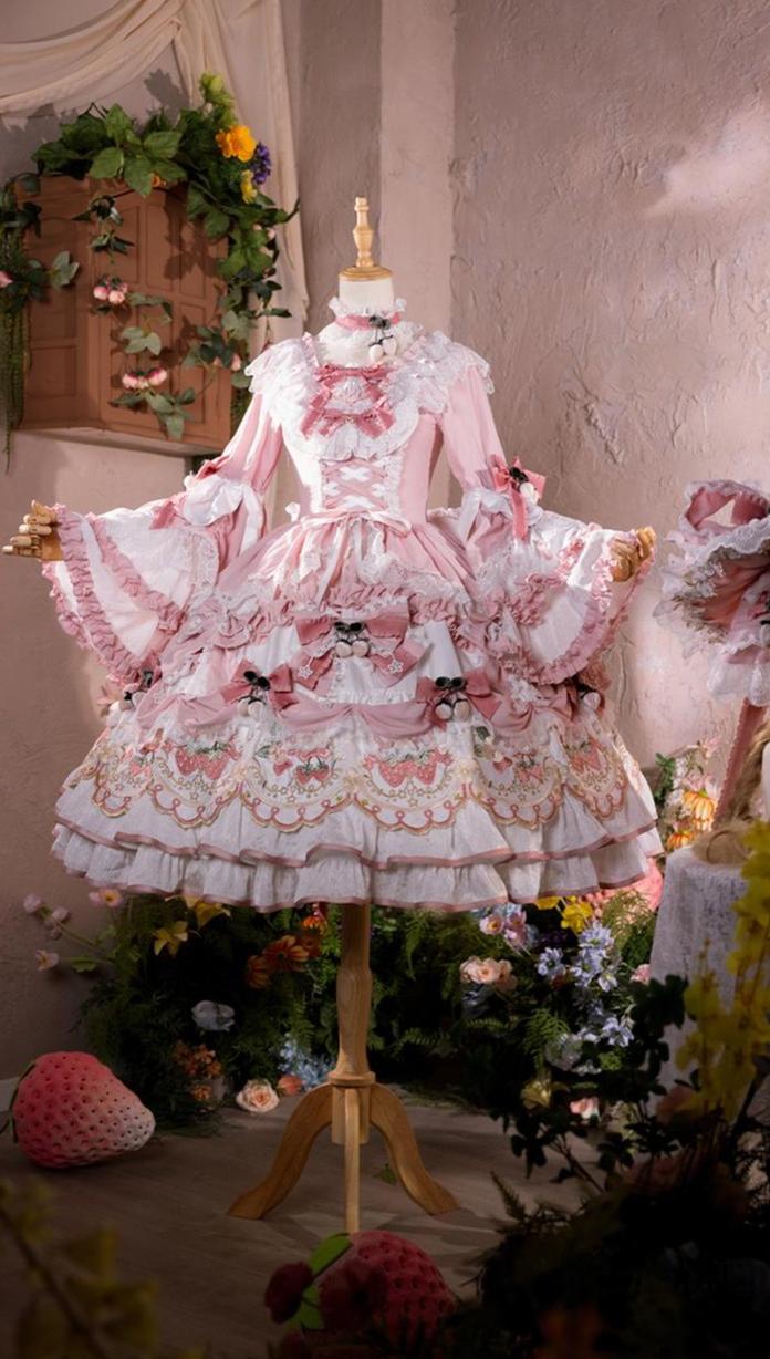 Bramble Rose - Starryberry Eden - Hime-sleeved Sweet Lolita Dress, Strawberry Embroidery (L M S) 44262:801234