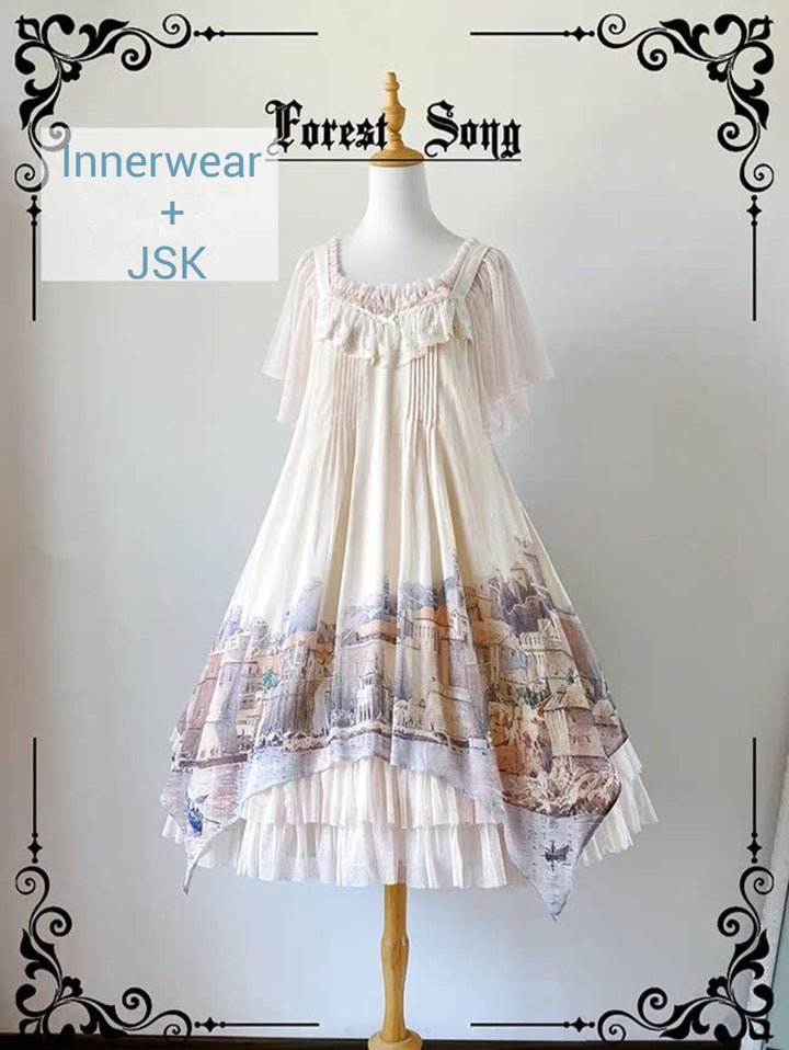 Forest Song - Adriatic - Classic Lolita JSK Chiffon Dress, Gulf City Print