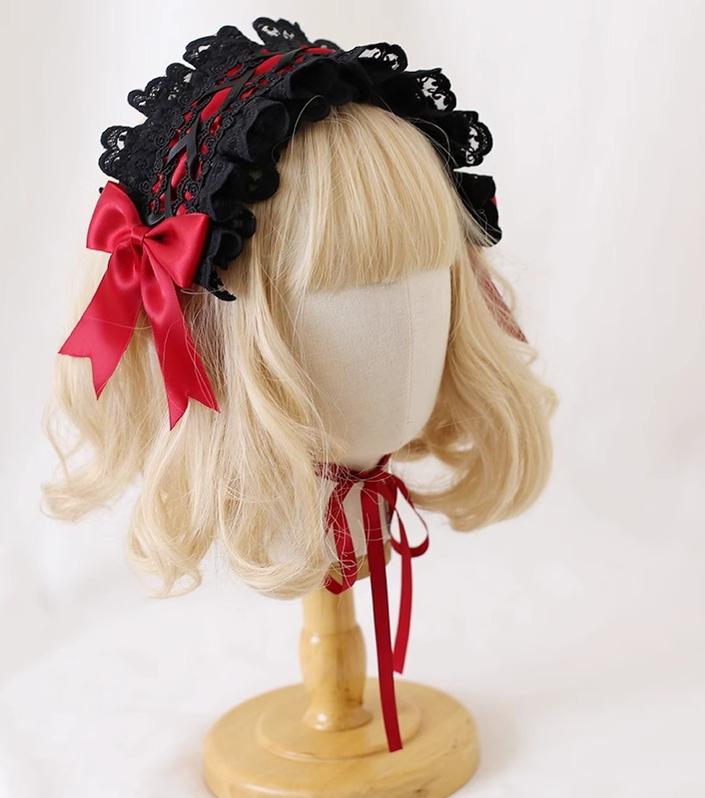 Xiaogui~Gothic Lolita Headband Cat Ear Hairpin Dark red with black lace hairband  
