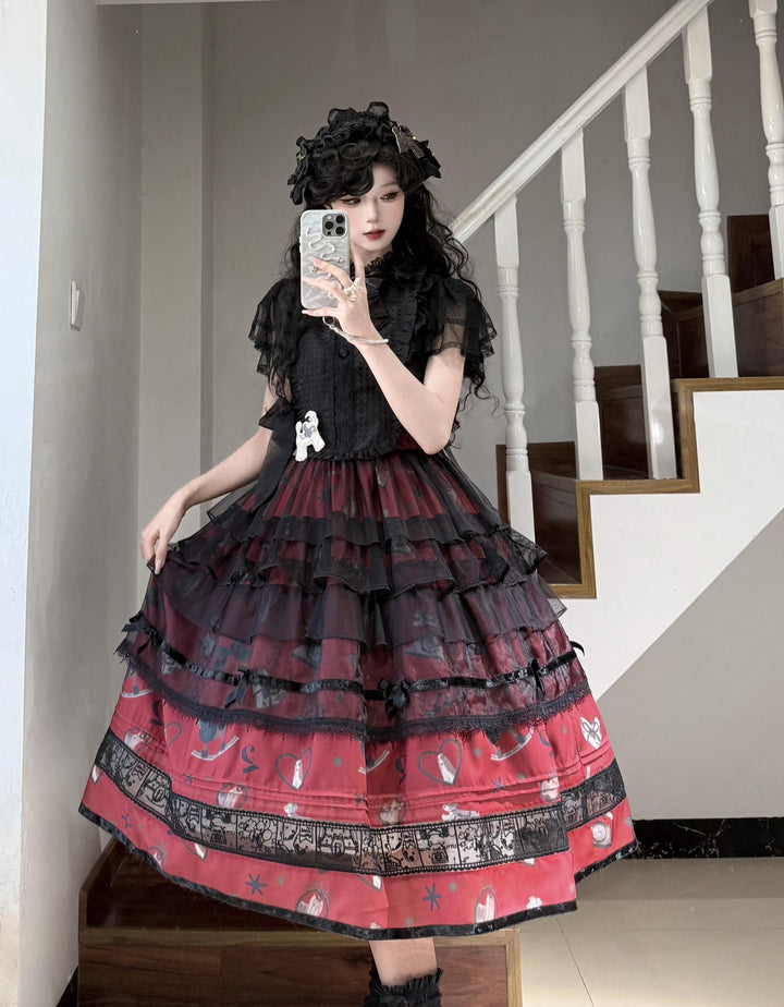 LittlePlum~Telephone Dog~Black Red Classic Lolita Dress Set with OP JSK and Skirt