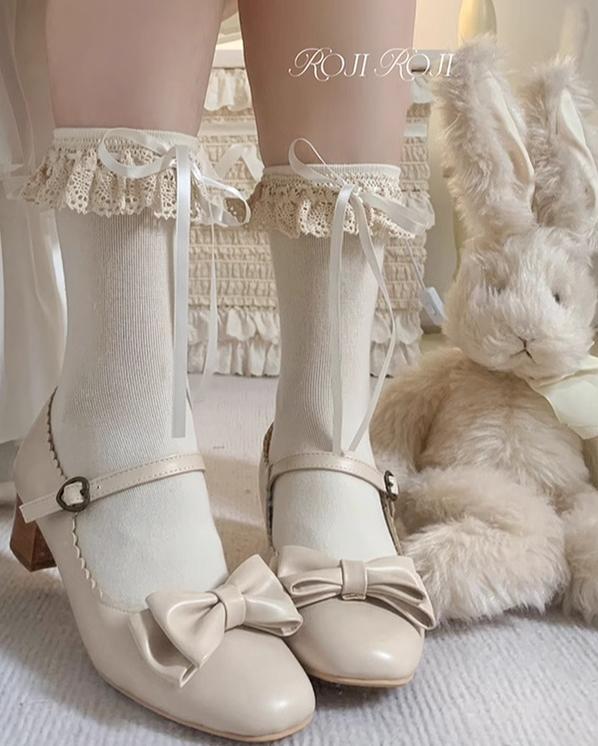 Roji Roji~Cotton Lolita Socks Lace Bow Beige Short Ankle Socks   