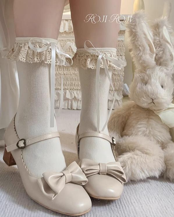 Roji Roji~Cotton Lolita Socks Lace Bow Beige Short Ankle Socks 38810:601372