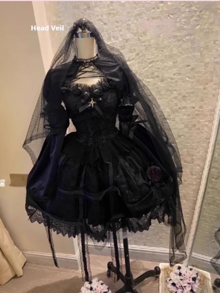 Doujiang - Rose Cage - Gothic Lolita Dress Black Suspender Dress One Size Suspender dress+head veil
