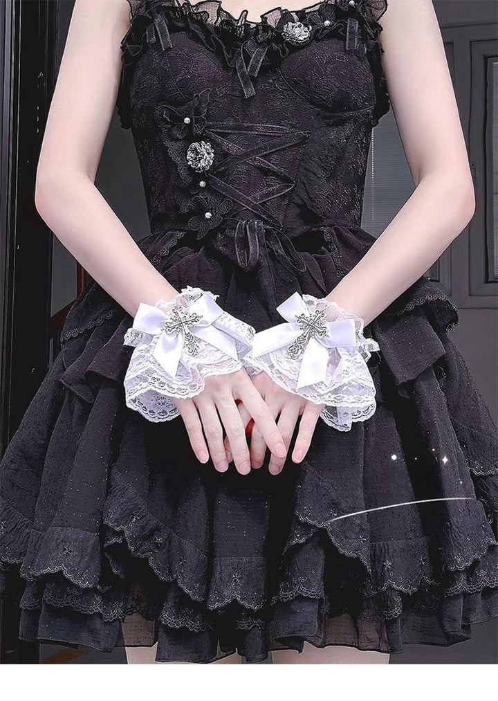 Hua Nai Cat~Gothic Lolita Cuffs with Cross Black and White Hand Sleeve   