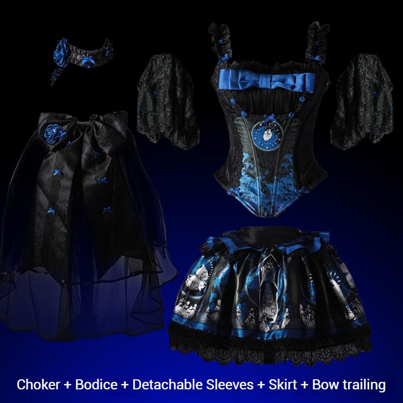 Caged Bird Hotel - Eclipsed Moon Gallery - Plus Size Halloween Gothic Lolita Skirt & Bodice Set Blue - Complete Set (bodice + choker + bow trailing + DIY brooch kit) S