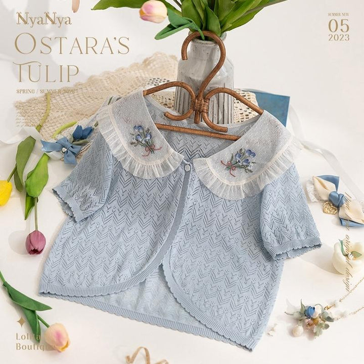 NyaNya - OSTARA'S TULIP - Peter Pan Collar Lolita Cardigan, Tulip Embroidery Blue S