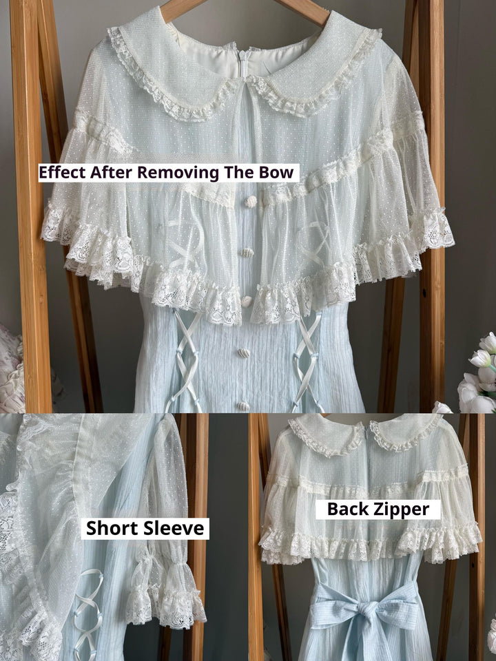 Kuma~Little Wind Chime~Elegant Lolita OP Water Blue Dress With Decorative Tulle Cape