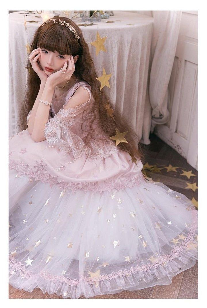 Nikki Tomorrow~Stars Descending~Pink Classic Lolita OP Mesh Embroidery Dress