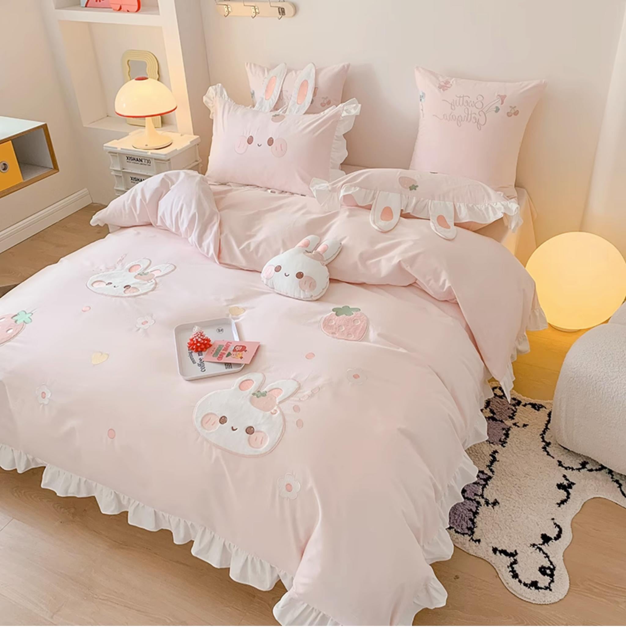 MiLL - Kawaii Lolita Rabbit Print Bedding Lolita Bedroom Set Bed linen Brushed cotton (with a free cushion) 1.2m bed three-piece set (quilt cover 150*200cm)