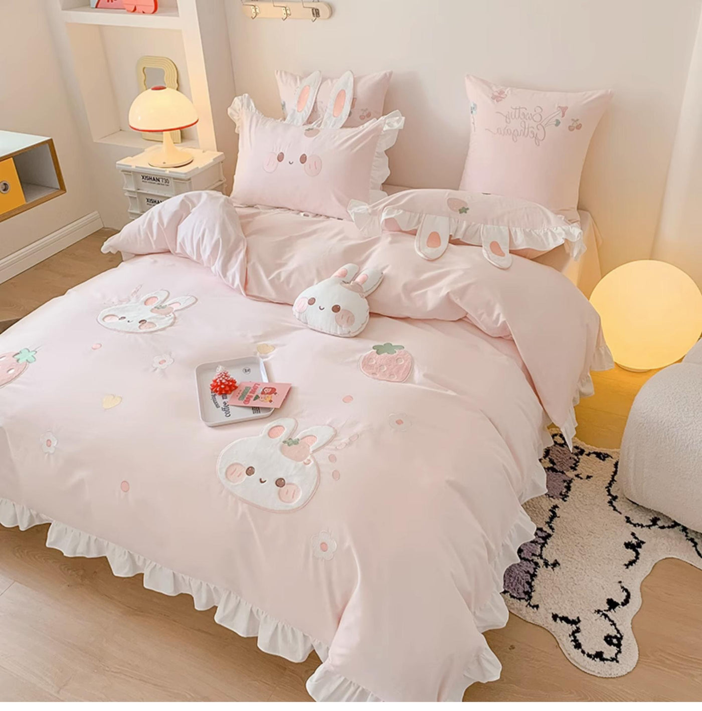 MiLL~Kawaii Lolita Rabbit Print Bedding Lolita Bedroom Set Bed linen Brushed cotton (with a free cushion) 1.2m bed three-piece set (quilt cover 150*200cm)