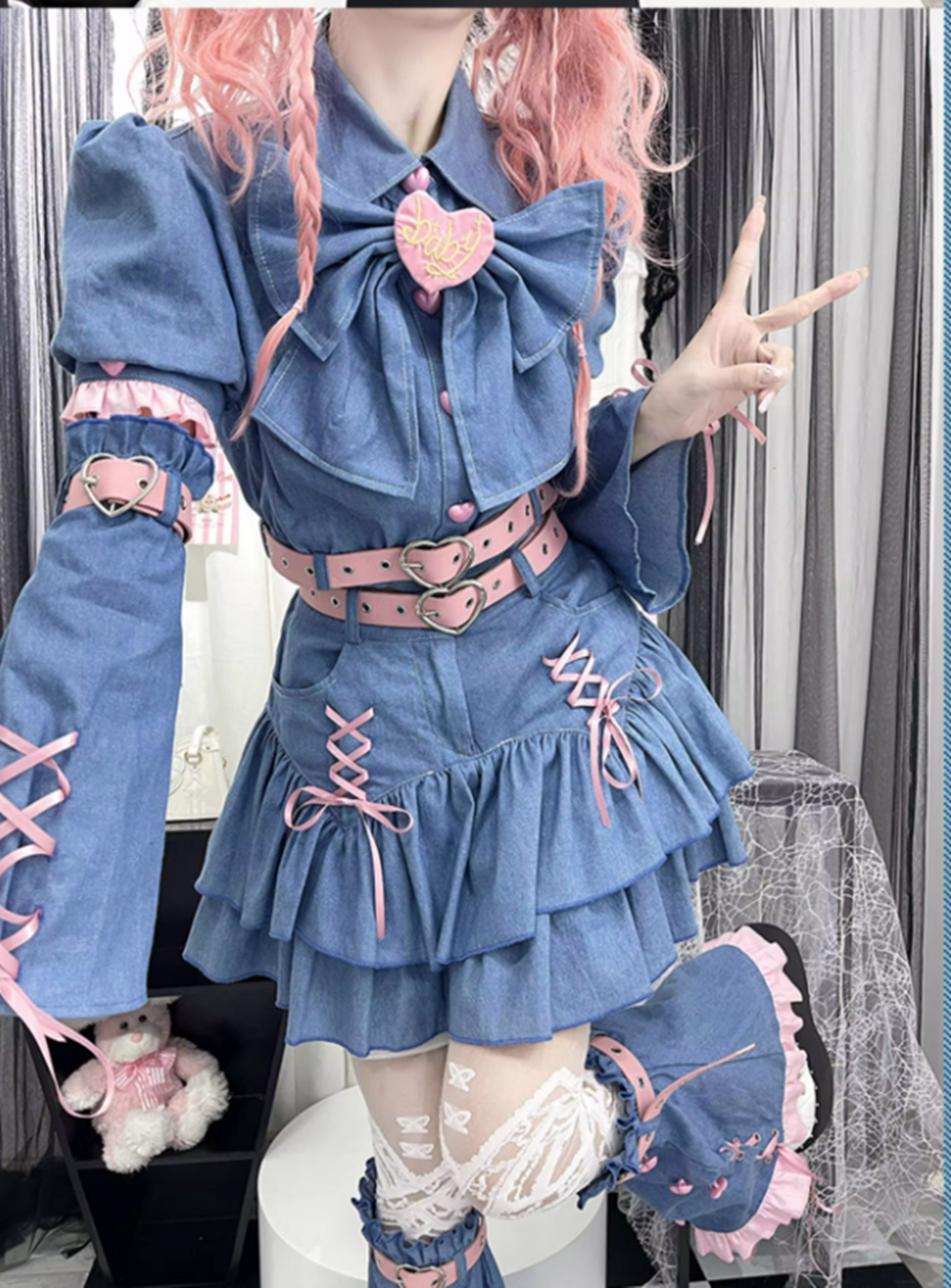 (Buyforme)Bubble Trap~Y2K Denim Sweetheart Skirt Set   