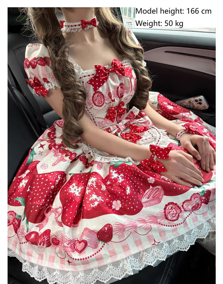 Mengfuzi~Strawberry~Sweet Lolita OP and JSK with Strawberry Print