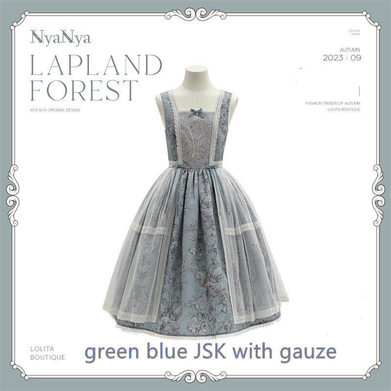 (Buyforme)NyaNya~ Lapland Forest~ Lolita Elegant Vintage Floral JSK OP Dress Pre-order (4-5 months before shipping ) Free size with gauze JSK-green blue ( without pockets)