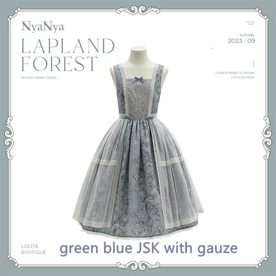 (Buyforme)NyaNya~ Lapland Forest~ Lolita Elegant Vintage Floral JSK OP Dress Pre-order (4-5 months before shipping ) Free size with gauze JSK-green blue ( without pockets)