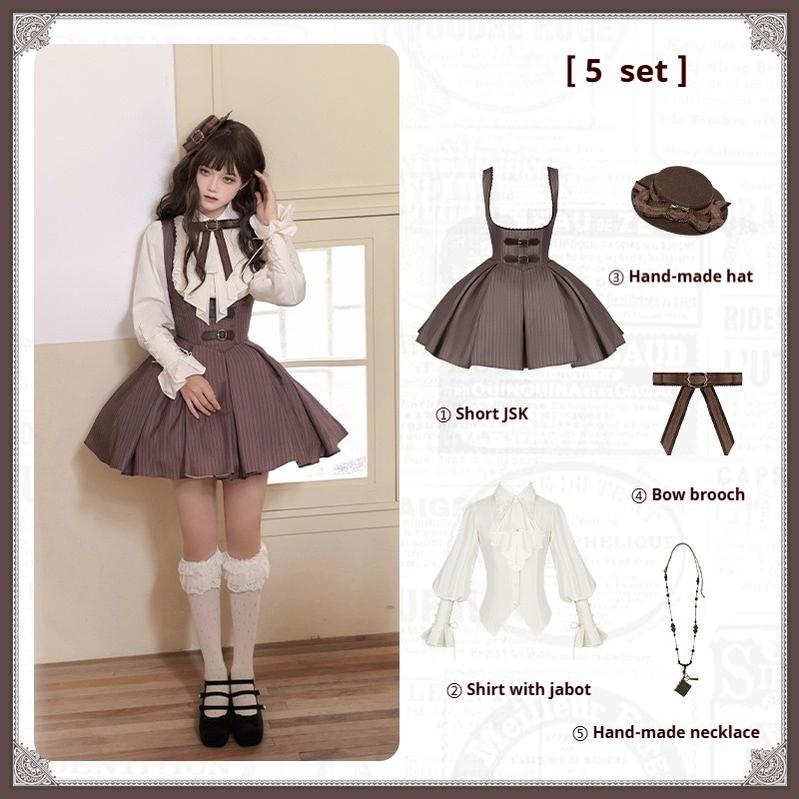 With PUJI~Ouji Lolita Shirt Bust-supporting JSK Dress S Short Bust-supporting 5-piece Set (Short JSK Dress+ Shirt+ Hat+ Brooch + Necklace) 