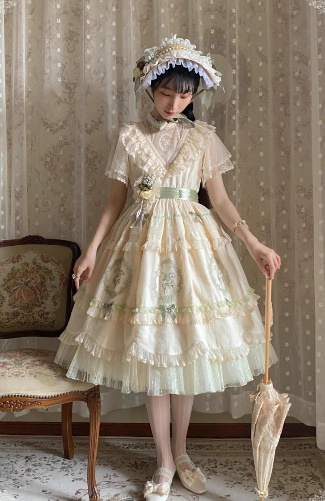 Nectarine White Tea~Bellflower Guide~Classic Lolita OP Dress Elegant Edward Dress XS Fresh green OP with belt 