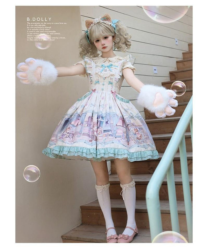 Baduoni~Dream Core Childhood~Kitty Printed Sweet Lolita JSK with Cute Headband