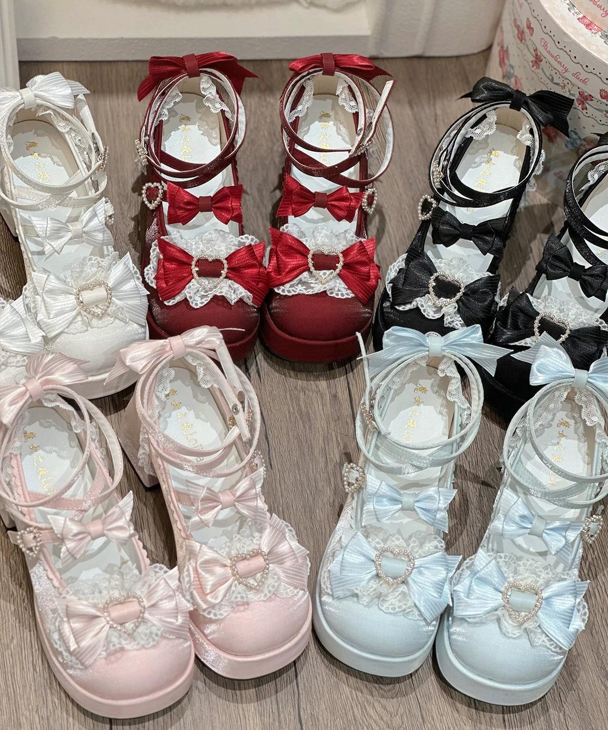 Romance of Hearts - Sweet Lolita Chunky Heeled Shoes, Pearl Heart Accents 45692:859359