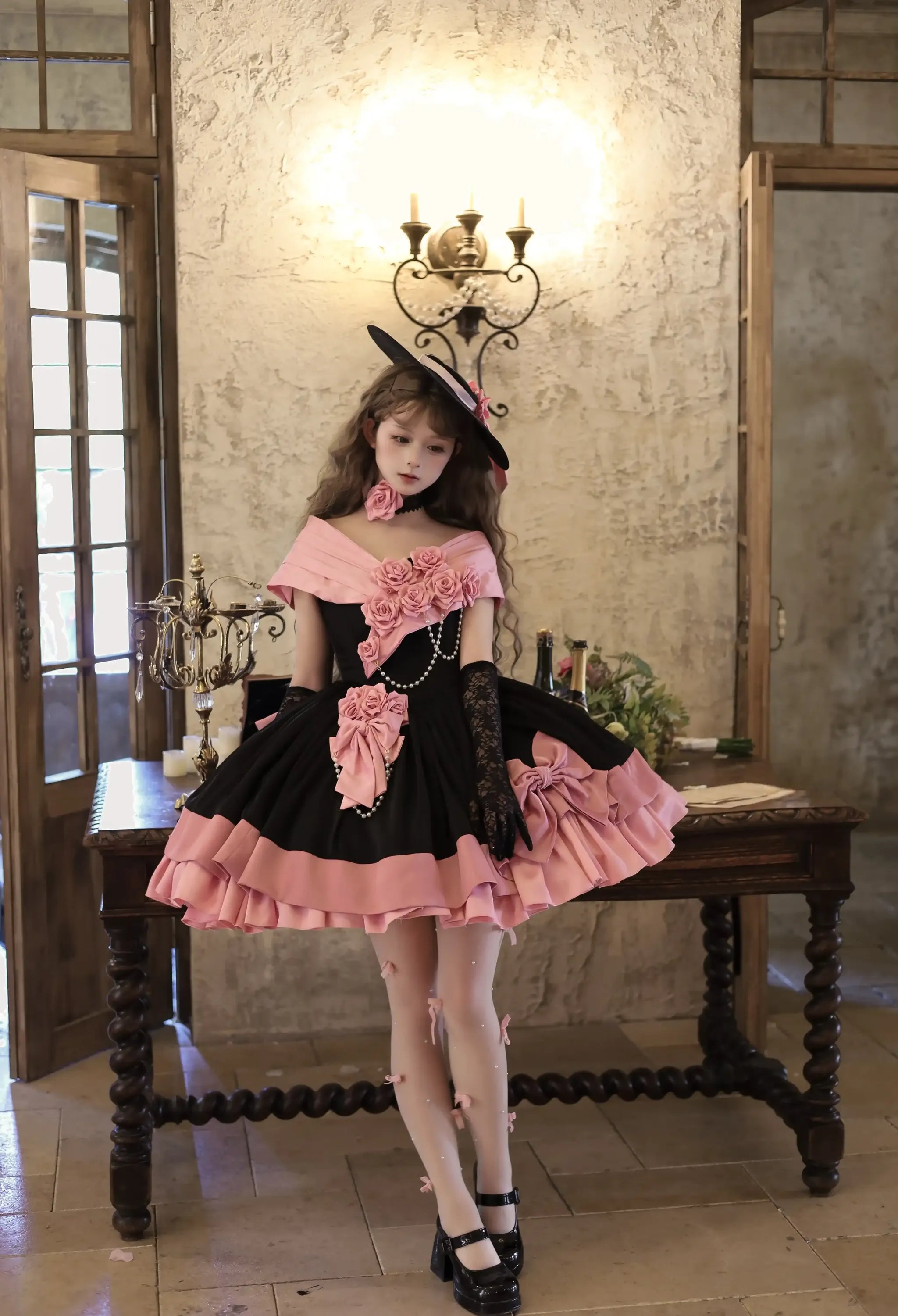 Casket Rose - Elegant Lolita Satin Corset Dress with 3D Pink Roses 45675:858119