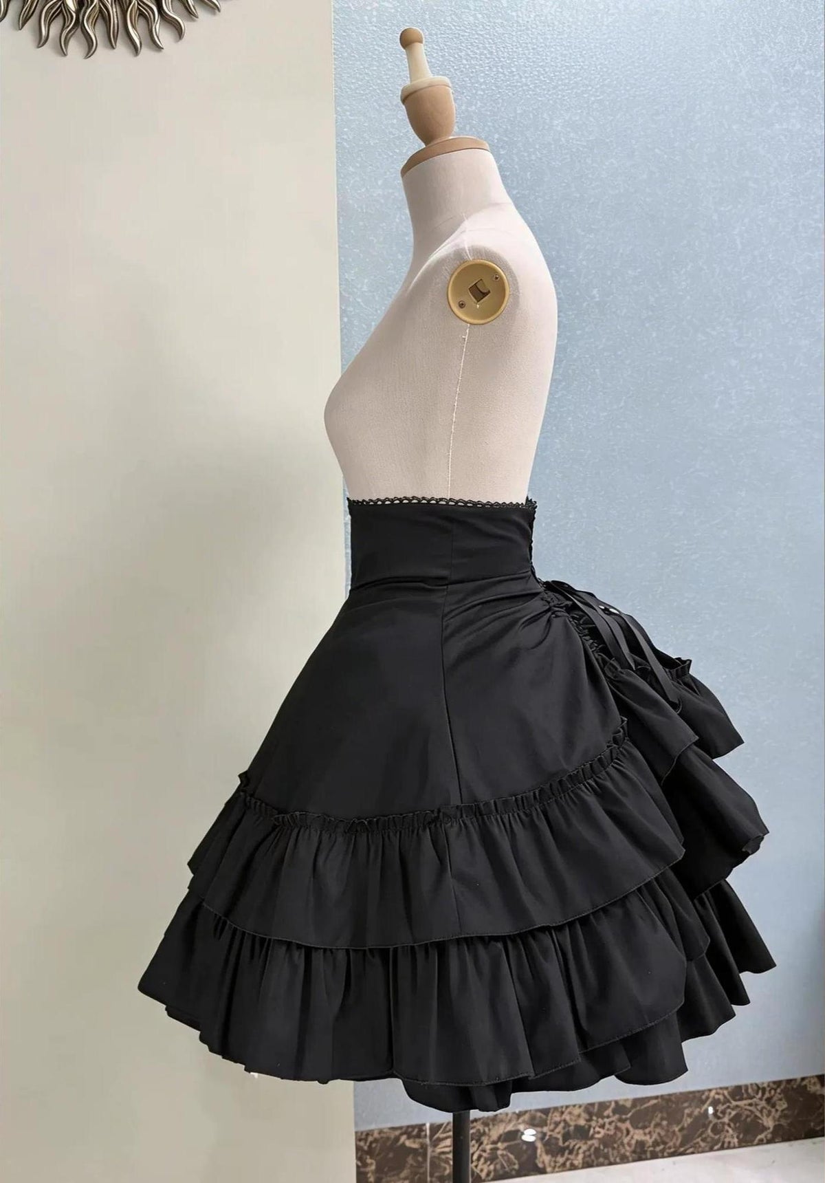 Black Gothic Lolita High Waist Skirt, Drawstring Lift-up Back Hem 46013:872351