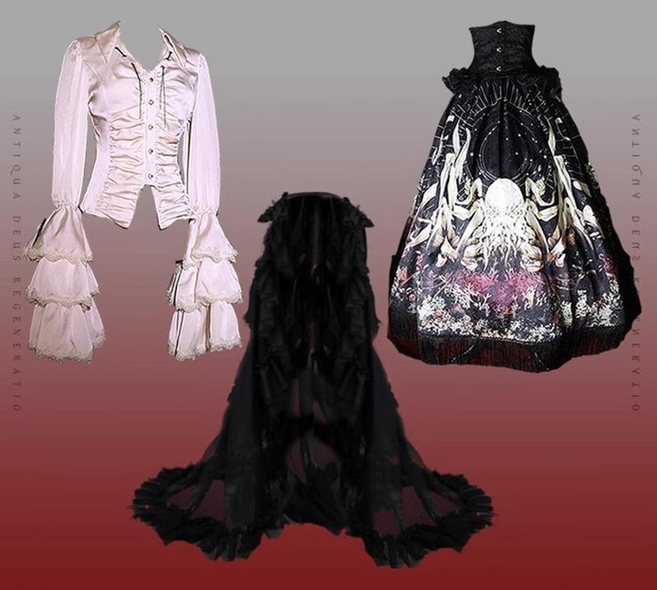 (BFM)Caged Bird Hotel~Reborn Ancient God~Gothic Lolita Shirt Plus Size Lolita Skirt Set S White shirt + trailing full set 