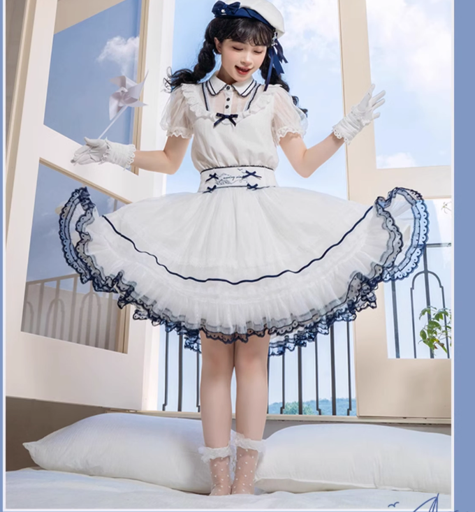 Mademoiselle Pearl~Elegant Lolita Navy Blue-white JSK and OP   