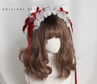 (Buyforme)Their Past Decorations~Sweet Lolita Cat Ear Hairband wine red hair band+cat ears  