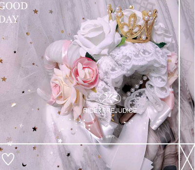 Yu Xixixi~Gothic Lolita Rose Crown KC with Veil Pendant Customized pink-white (golden crown)  