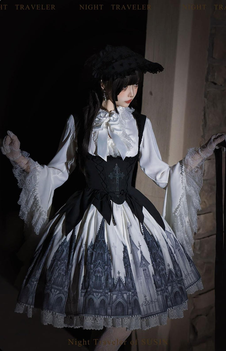 Susin Lolita~Night Traveler~Gothic Lolita Skirt Outfit Long Coat Shirt and Bustier Set