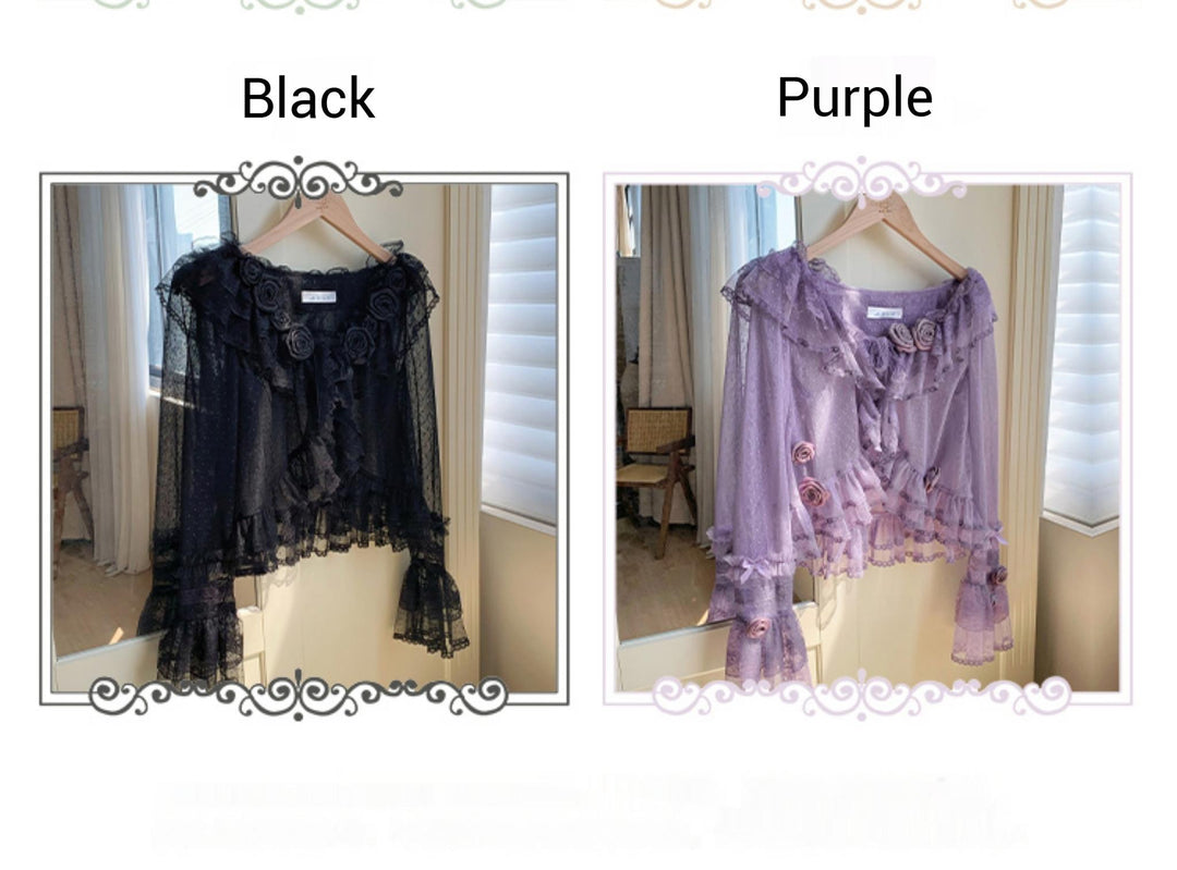 With PUJI~Flower Visage~Summer Lolita Sheer Cardigan with Rose Brooch 42927:758773