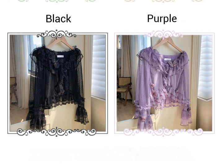 With PUJI~Flower Visage~Summer Lolita Sheer Cardigan with Rose Brooch 42927:758773