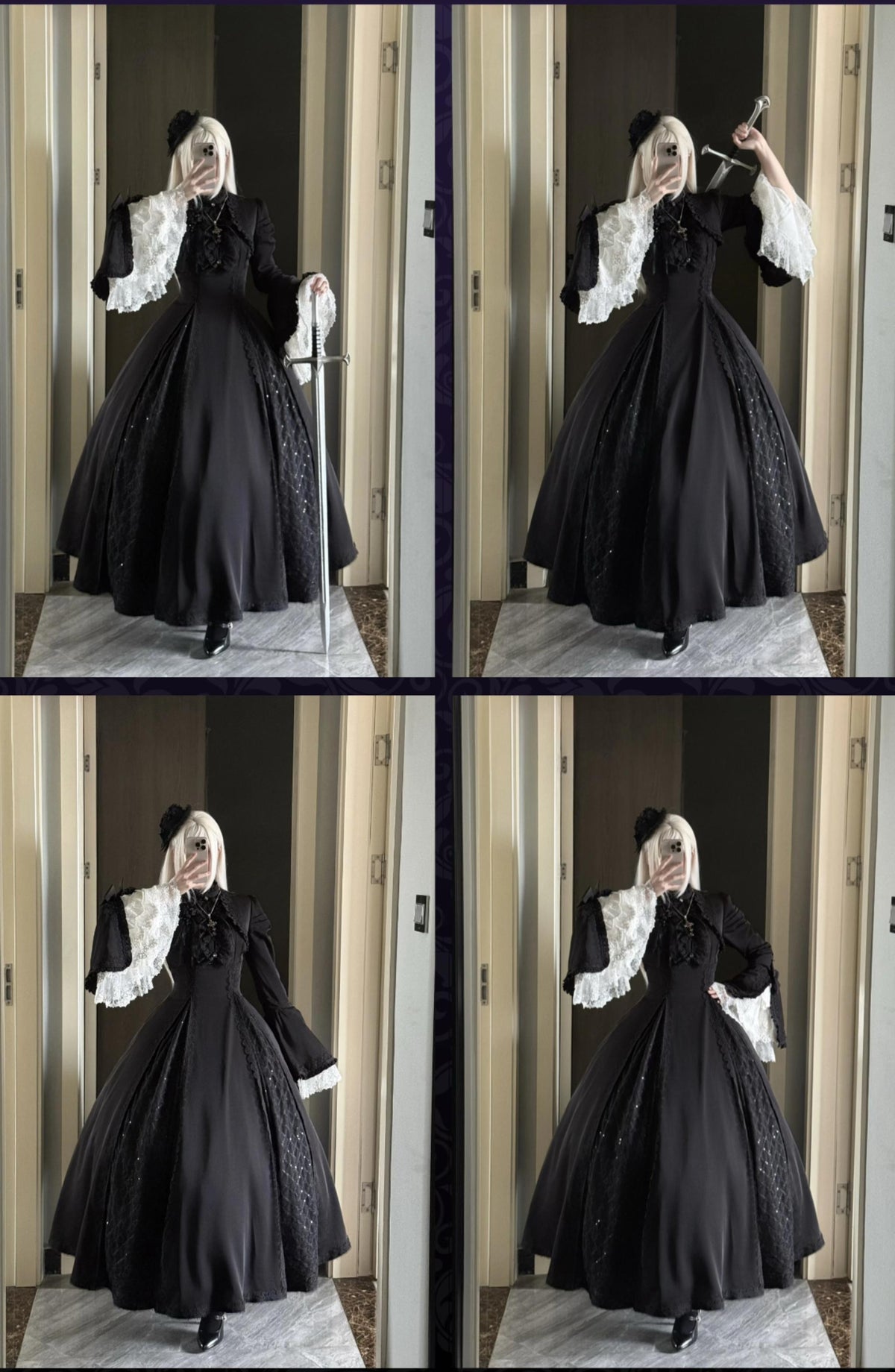 Silver Mist - Halloween Black Gothic Lolita OP Dress, Lace Hime Sleeves