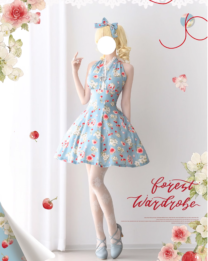Forest Wardrobe - Summer Berry Picture Book - Elegant Classic Lolita Dress Halter Neckline Floral Print Dress