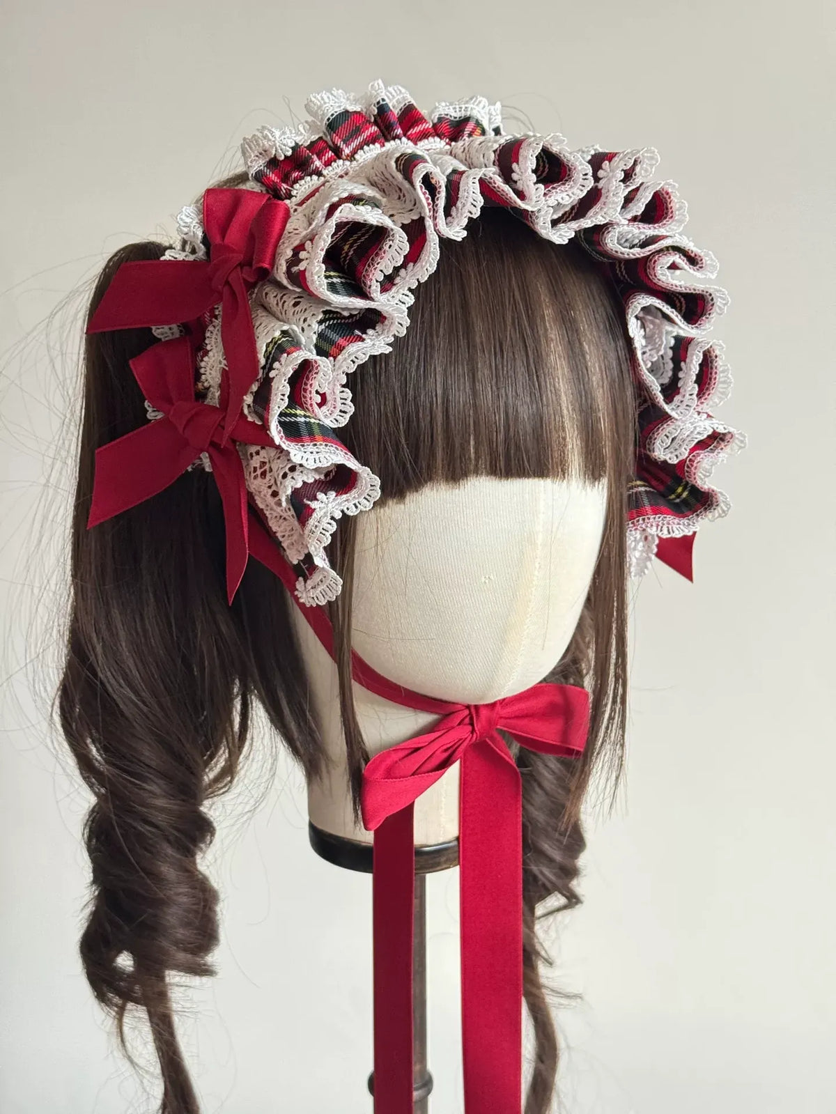Red Plaid Lolita Headdress, Wire-edged Bunny Ear BNT