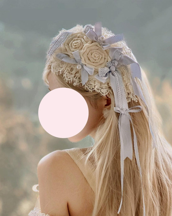 ZUOlanrichen~Romantic Rose~Classic Lolita Accessory Headdress Detachable Sleeves Apricot Blue Hanamaru Headpiece/Side Clip 2-in-1 Only(free size) F