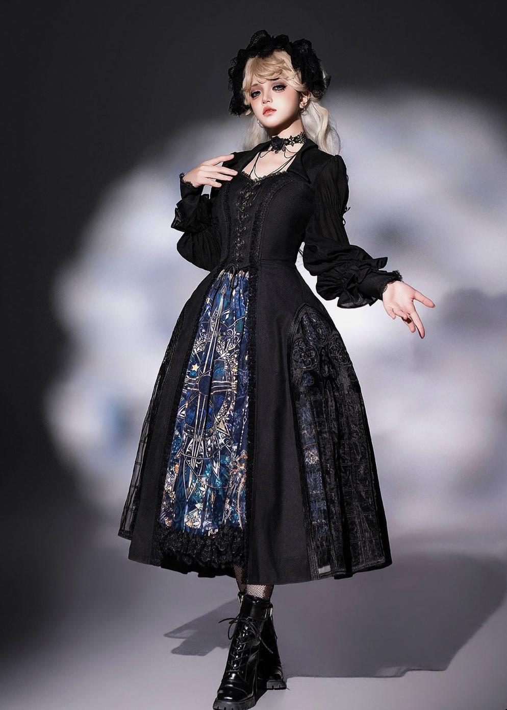 Susin Lolita~Night Traveler~Gothic Lolita Skirt Outfit Long Coat Shirt and Bustier Set