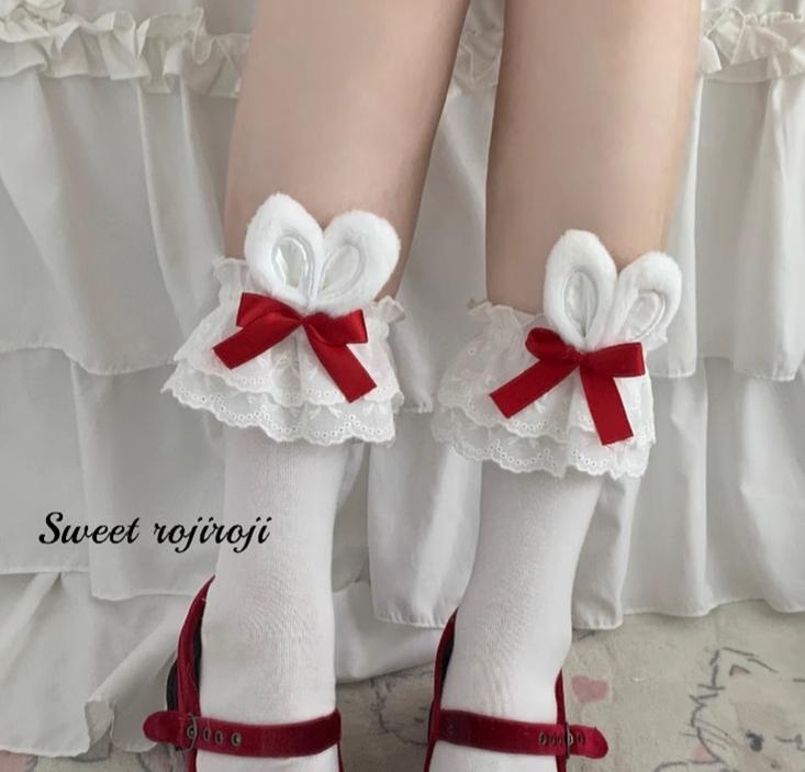 Roji roji~Cotton Lolita Bunny Ear Socks Summer Bow Short Socks