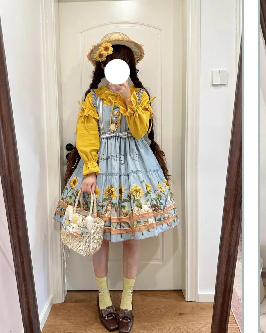 Polaris Lolita - Cat and Sunflower - Sweet Lolita JSK Cat and Sunflower Print Dress and Headdress Set