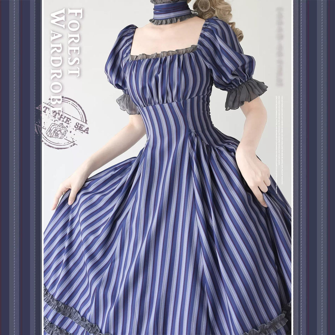 Forest Wardrobe~Forest Basket~Classic Lolita OP Dress Floral Print S Grey-blue stripe 