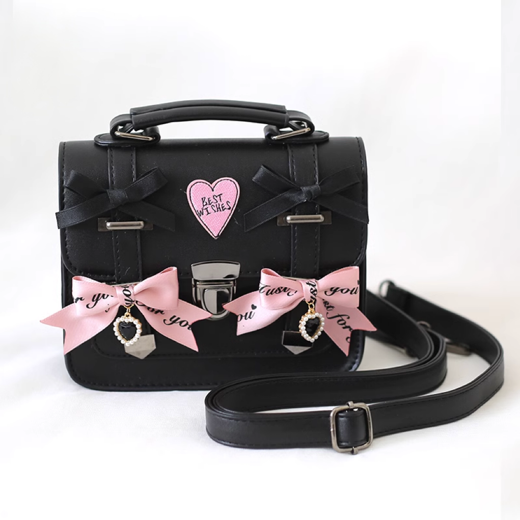 Xiaogui~Sweet Lolita Cross-Body Bag College Style Shoudler Bag Black-pink (with adjustable shoulder straps)  
