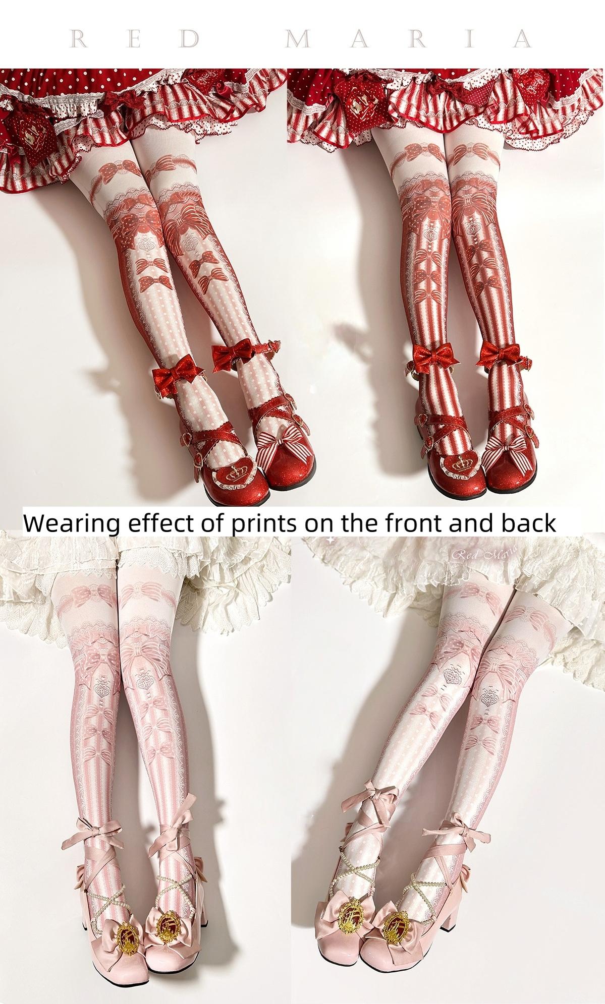 Red Maria - Sweet Lolita Velvet Pantyhose, Bow Printed