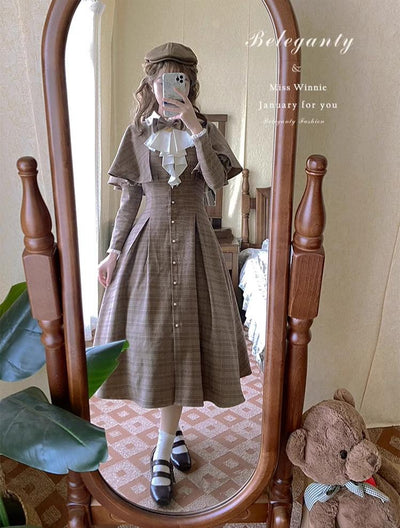 Beleganty Fashion~Miss Winnie~Retro Lolita Cape Long Sleeve Dress Plaid Brown OP S 