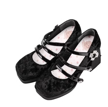 Pure Tea For Dream~Vintage Lolita Velvet Bow High-heel Shoes 35 velvet black (without bow) 