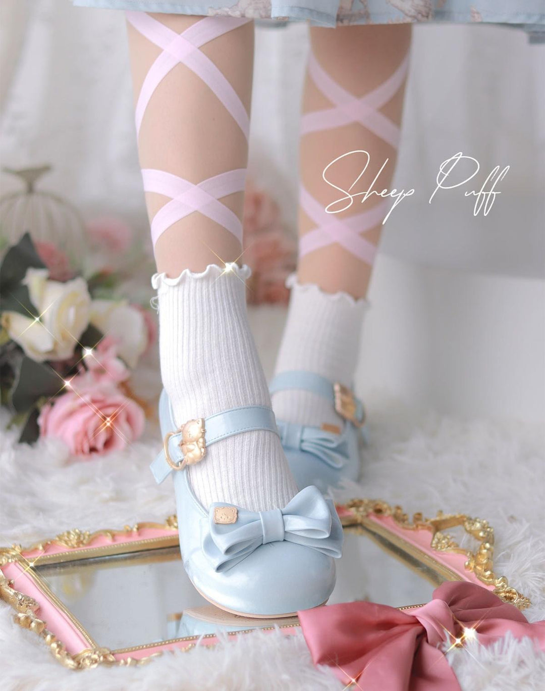 Sheep Puff~Mikko Hug~Sweet Lolita Shose Round Toe Lolitta Heels Butterfly Bow   