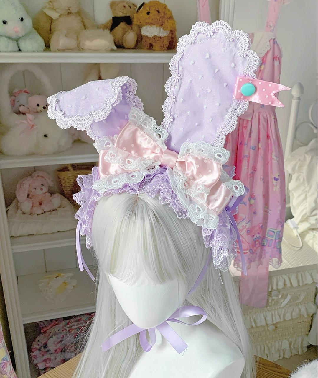 Kawaii Lolita Bunny Ear Hairband, Polka Dot Bow