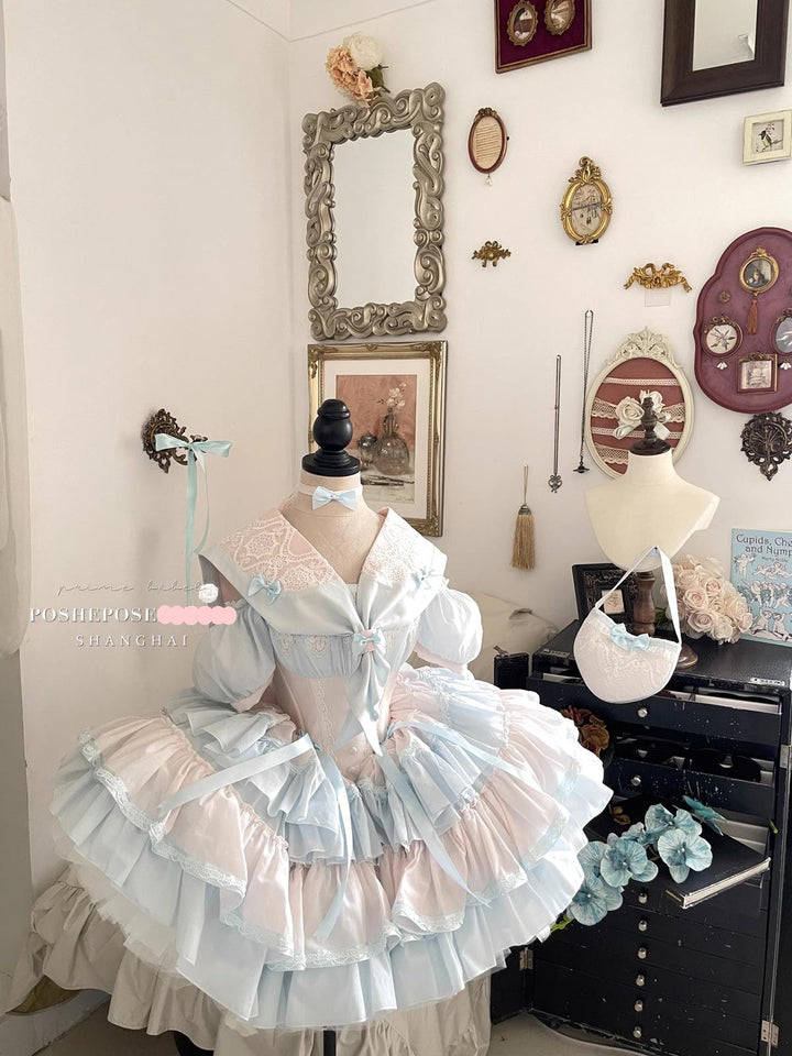 POSHEPOSE~Zixu Falling Heart · Yunfu Space~Sweet Lolita Dress Tiered Skirt Detachable Sleeves Strapless Dress   