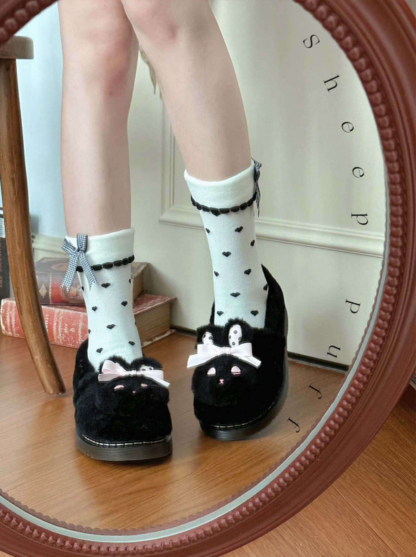 Sheep Puff - Rabbit Fur - Sweet Lolita Shoes Plush Rabbit Winter Lolita Shoes black-pink 34