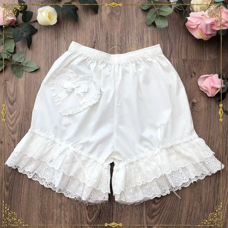 Candy Sweet~Cotton Lolita Bloomers Lace Home Shorts Milky white L 